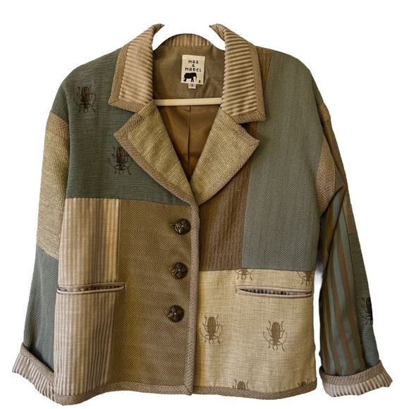 Max & Mabel Size 1 Large Patchwork Boutique Blazer Button Front Silk Blend Top - Picture 1 of 15